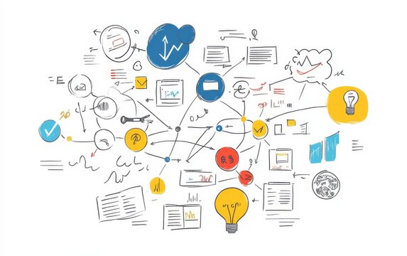 Brainstorming Mind Map Ideas connecting on white background, illustrating creative process for business planning