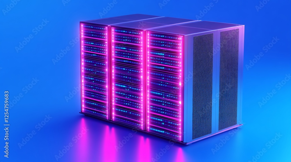 Poster futuristic computer server with neon lights on blue background for modern technology concepts and de