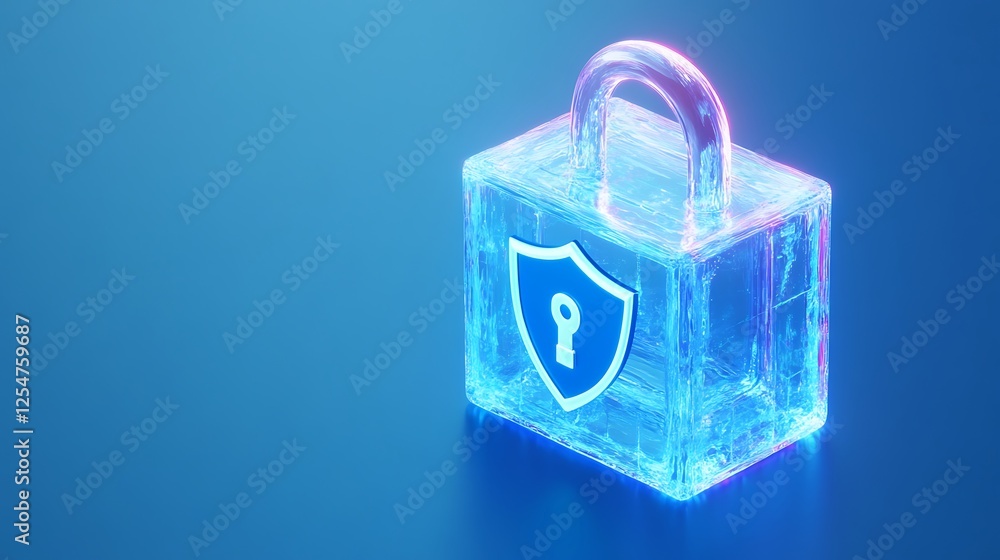 Poster futuristic concept of ice lock with shield and keyhole symbol on blue background for security and pr