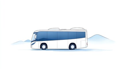 Sleek, modern bus traveling through a serene, snowy landscape with distant mountains