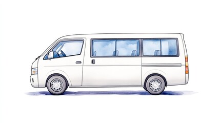 Side view of a spacious white van with large windows, against a simple background