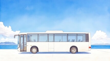 A serene scene featuring a white bus parked against a bright blue sky and ocean backdrop
