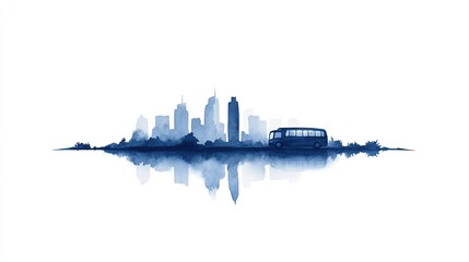 Watercolor city skyline with bus silhouette reflecting on calm water, serene urban landscape