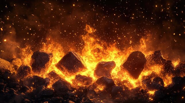 Pile of rocks igniting with powerful flames and sparks erupting into the air at night, capturing the raw energy of the fire in the dark