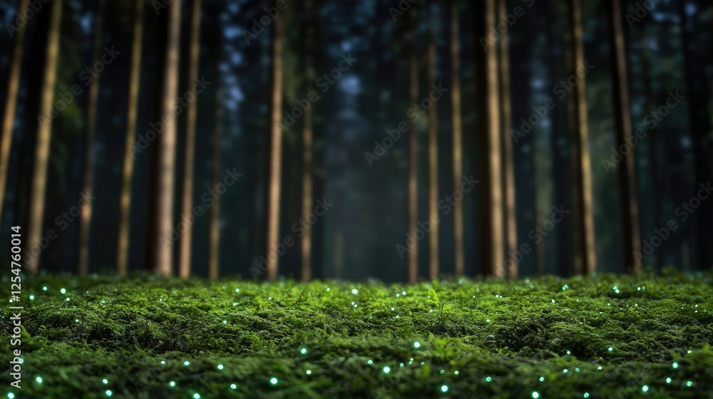 Poster glow forest concept. a serene forest scene with green moss and soft lighting filtering through tall 