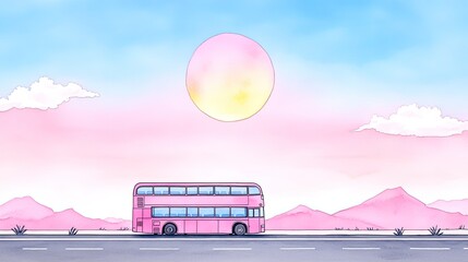 A whimsical pink double-decker bus traveling along a desert highway under a vibrant sunset sky