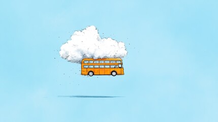 An imaginative illustration of a yellow bus floating through a blue sky with clouds