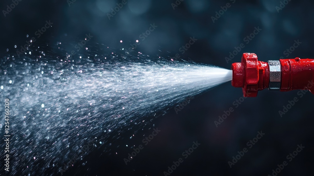Poster water forcefully streaming from a red hose nozzle against a dark backdrop, emphasizing power and hig