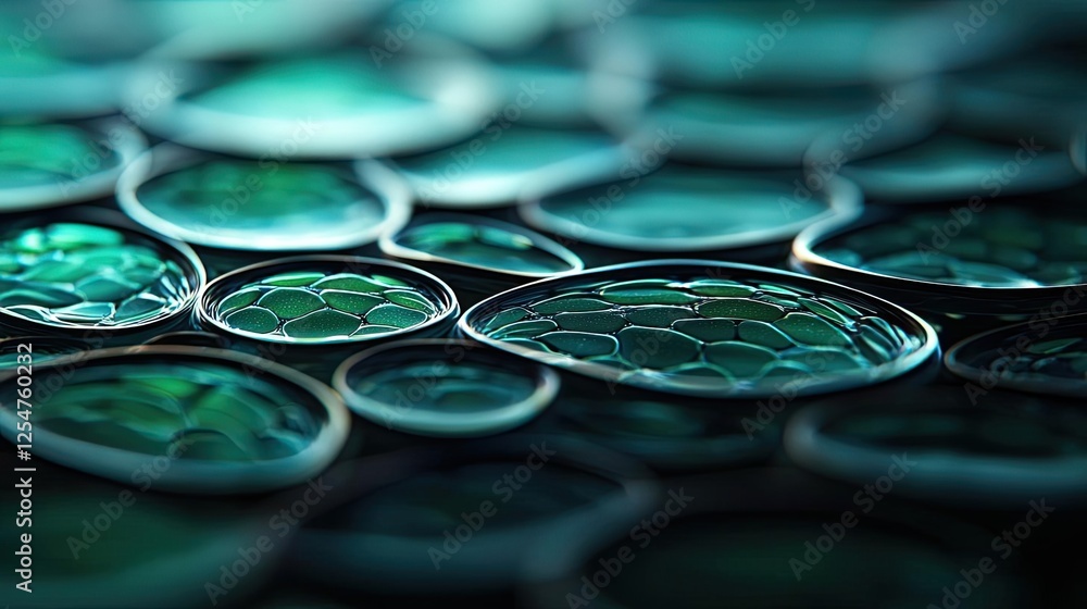 Poster microscopic ocean life microscopic concept. close-up view of green glass beads reflecting light, cre