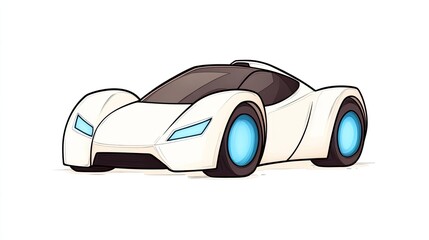 Futuristic white sports car design with sleek lines and glowing blue accents on wheels