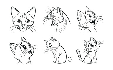 Cute cartoon cat line art illustrations. set of cat head line art vector in different expressions, happy, sad, aggressive, cute kitten head line art vector illustration isolated on white background.