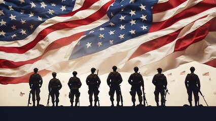 Memorial Day - American flag with soldiers' silhouettes banne, holiday banner poster background for advertisement ads