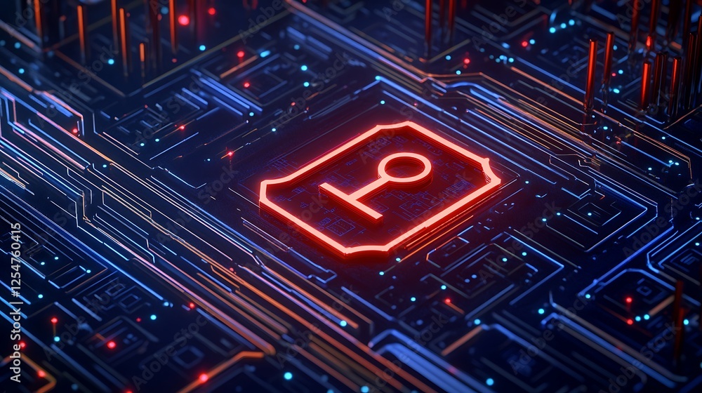 Poster futuristic digital circuit background with key symbol and glowing lines for technology concepts