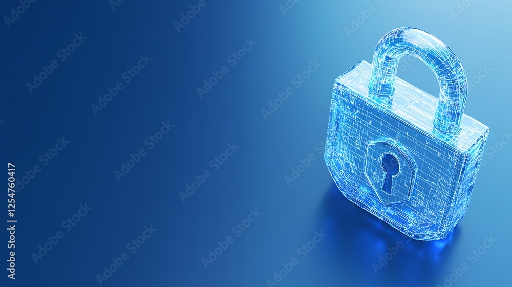 Poster futuristic digital lock concept representing cybersecurity and data protection in blue gradient back