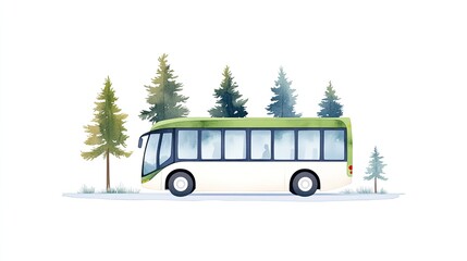 Illustration of a green and white bus traveling through a snowy forest landscape