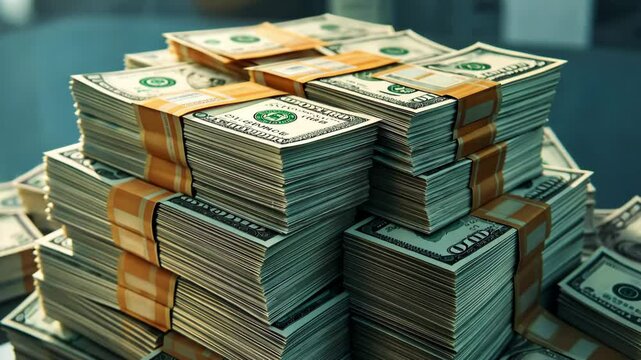 Dollars. Pile from packs of money, Dollar banknotes heap, Money Pile of packs of hundred dollar bills stacks, business trading	