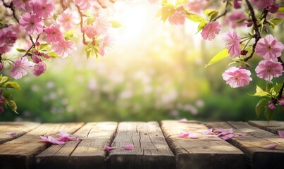 Spring background, empty wooden table, blurred green garden, blooming cherry trees. Suitable for product display mockups with plenty of copy space.