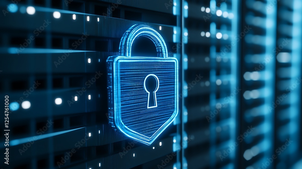 Poster futuristic digital lock symbol on server background representing cybersecurity and data protection c