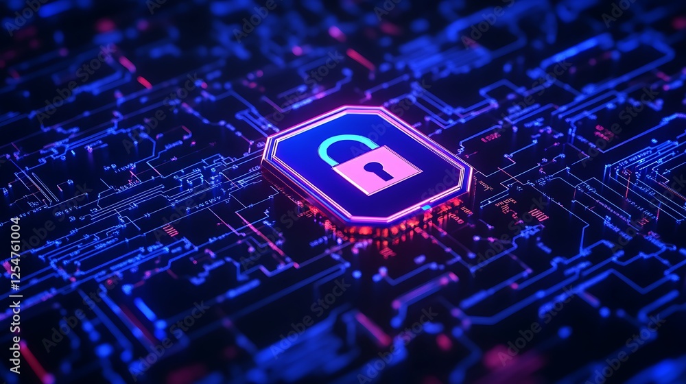 Aufkleber futuristic digital lock security concept on circuit board with neon glow and high-tech background