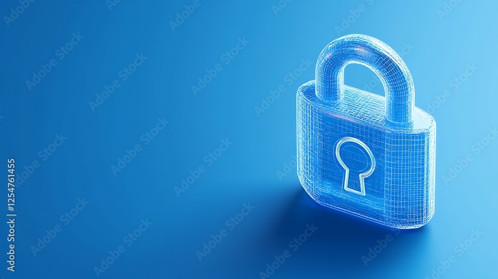 Poster futuristic digital padlock with wireframe design on blue background for cybersecurity and data prote