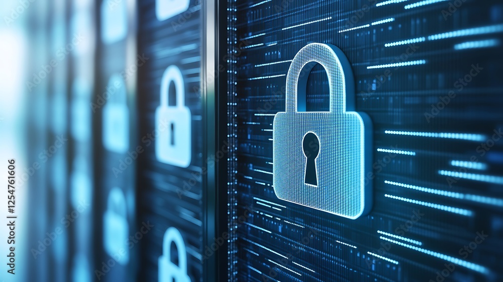 Poster futuristic digital security locks against a glowing blue data background for technology and cybersec
