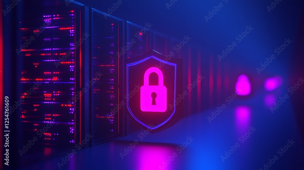 Poster futuristic digital server room with security icon depicting data protection and cybersecurity concep