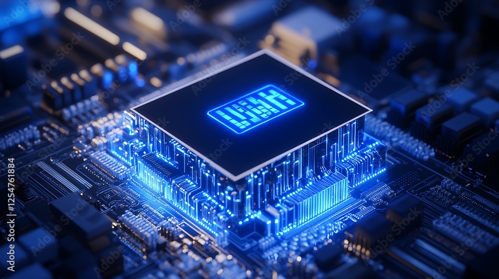 Poster futuristic microchip technology with neon lights and circuit board background for innovative digital