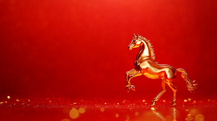 golden horse, metallic horse isolated on red background, year of the horse Chinese new year concept