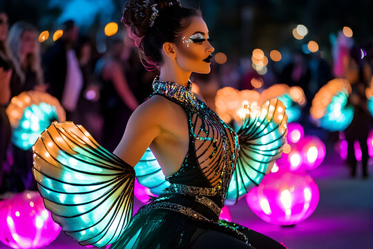 performer in glowing costume at vibrant nighttime Mardi Gras celebration