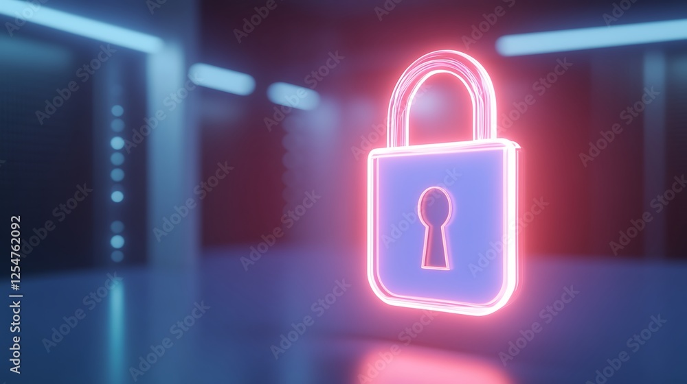 Poster futuristic neon lock symbol on abstract background representing security and protection in digital w