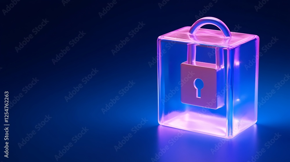 Poster futuristic transparent lock with a glowing design on a blue background showcasing security and prote
