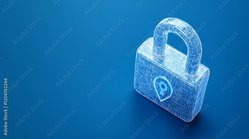 Poster futuristic transparent digital lock with location pin symbol on blue background for cybersecurity co