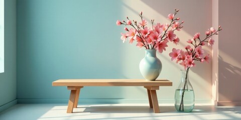 Serene Minimalist Interior Design Featuring Delicate Pink Blossoms in Elegant Vases on a Light Wood Bench