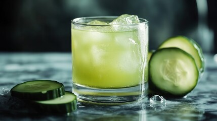 Refreshing cucumber cocktail in glass with ice. Perfect for summer drink menus, healthy lifestyle blogs, and beverage websites.