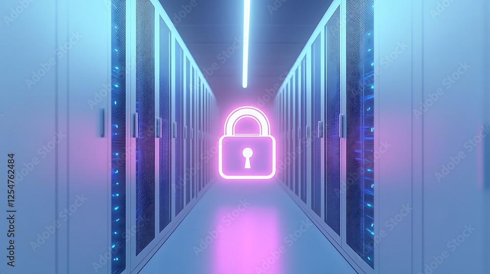 Poster glow of security in modern data center with neon lock symbol illuminating server racks and pathway