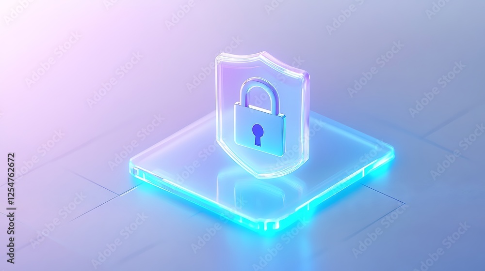 Poster glowing shield icon with padlock symbolizing digital security and protection in modern technology en