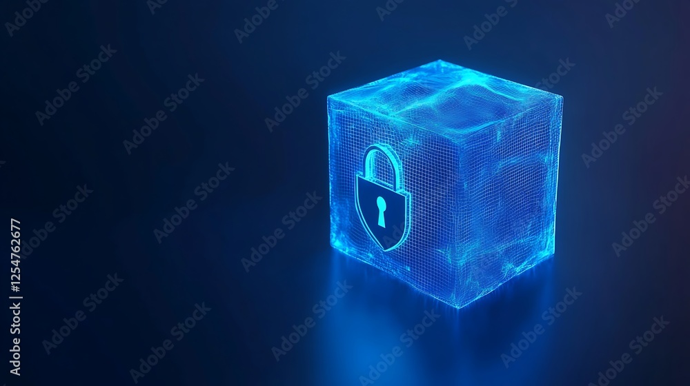 Poster glowing digital lock symbol in transparent cube with blue light effect on dark background