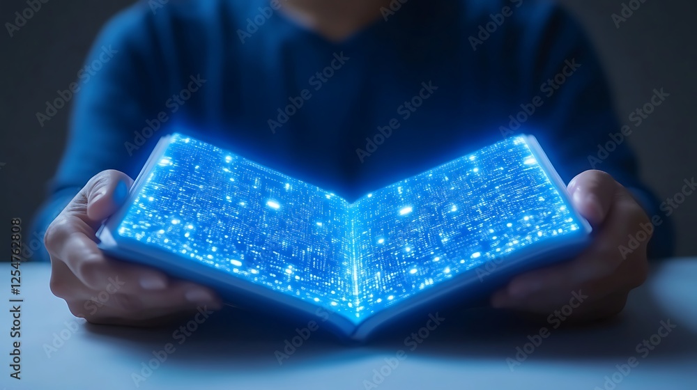 Poster hands holding open book with glowing data patterns emerging from pages in a modern digital concept e