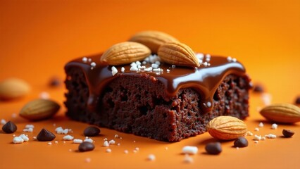 A decadent chocolate brownie, generously drizzled with rich dark chocolate ganache, adorned with roasted almonds and a delicate sprinkle of sugar crystals, sits on a vibrant orange surface.