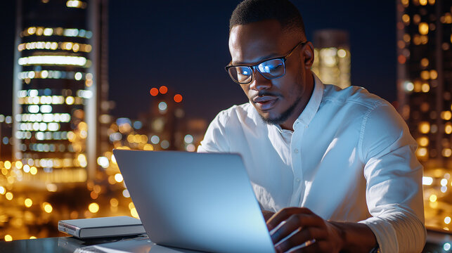 Midnight Strategy - A successful creative director, illuminated by the city lights, types on his laptop, refining a bold new marketing campaign. Working for the benefit of peopl
