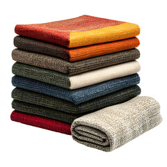 Stack of colorful fabric swatches isolated on white background, showcasing various textures and colors.