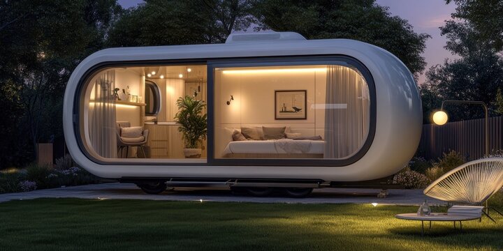 Futuristic Tiny Home: Modern Oval-Shaped Mobile Living Space