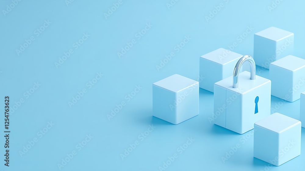 Poster minimalist blue lock and cubes on a soft blue background for security and protection concepts