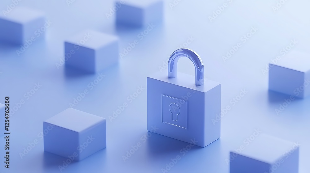 Poster minimalist concept of security with white lock and cubes on soft blue background in modern digital s
