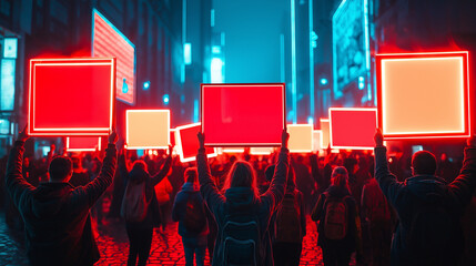 Futuristic protest with activists holding holographic signs about climate change, neon-lit urban setting, digital activism in a high-tech era