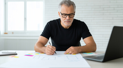 Fototapeta premium A middle-aged man with glasses sits at his desk in an office, sketching on paper and writing notes around the edges of white papers that have colorful sticky notes attached to them