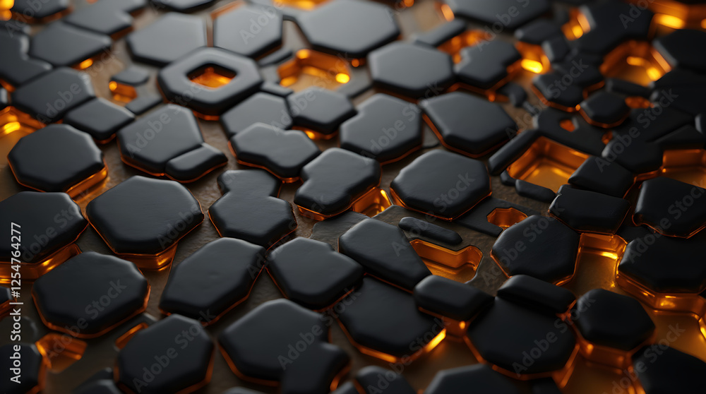 Poster abstract dark hexagon pattern background: 3d render of geometric shapes with golden glowing light, m