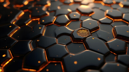 Obraz premium Abstract Dark Hexagon Pattern with Glowing Orange Cracks: Modern Tech Background, Futuristic Honeycomb Texture, Sci-Fi Design, High-Resolution Wallpaper