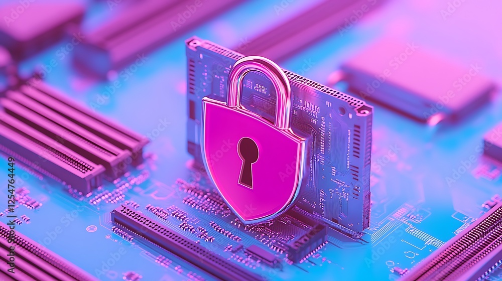 Poster modern cybersecurity concept with digital lock on circuit board representing data protection and pri