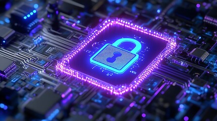 Obraz premium Modern Cybersecurity Concept Featuring Digital Lock on Circuit Board Background with Neon Effects and Lights